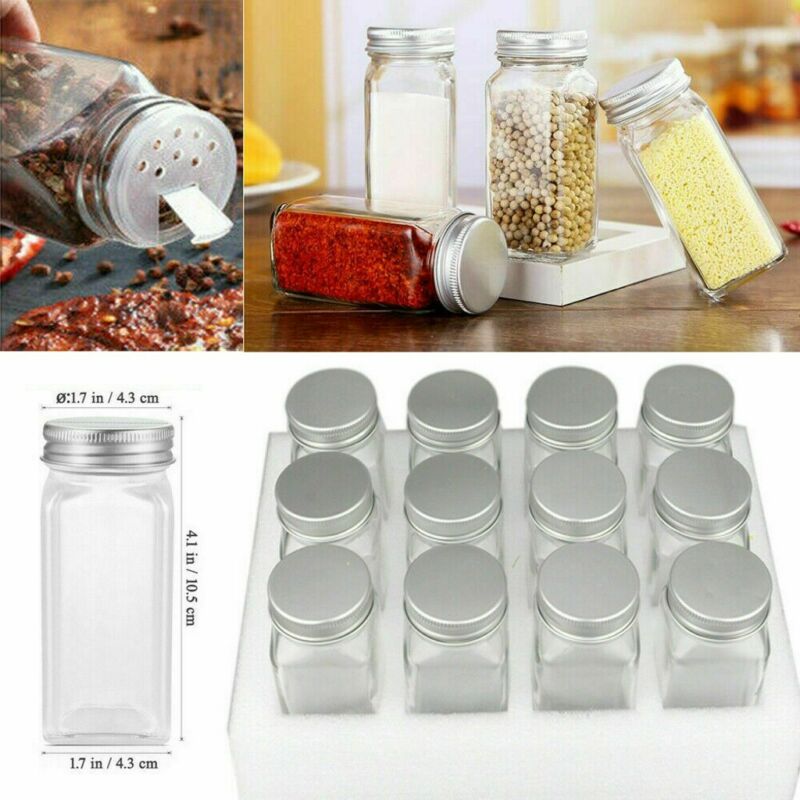 12X Spice Jars Bottles Airtight Salt Container Square Glass