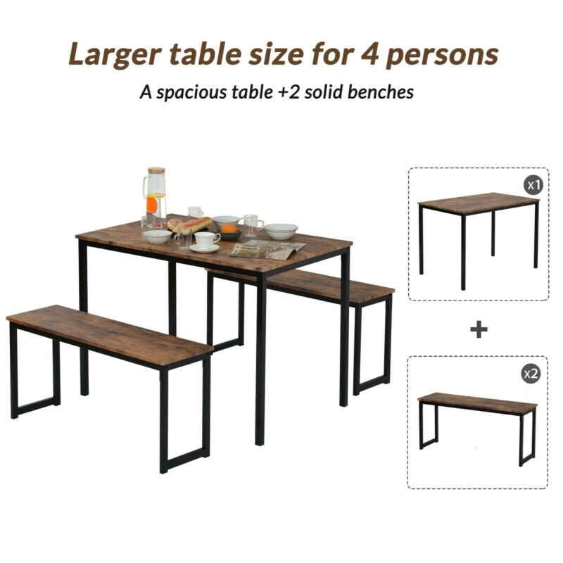 Dining Table 2 Bench Set Dinner Set Kitchen Dining Room Restaurant Rustic Brown