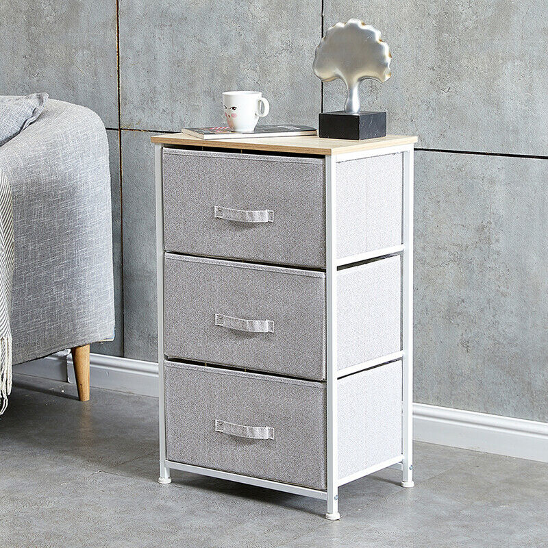 Fabric 3 Chest Of Drawer Grey Side Table Storage Cabinet Unit Organiser Bedroom
