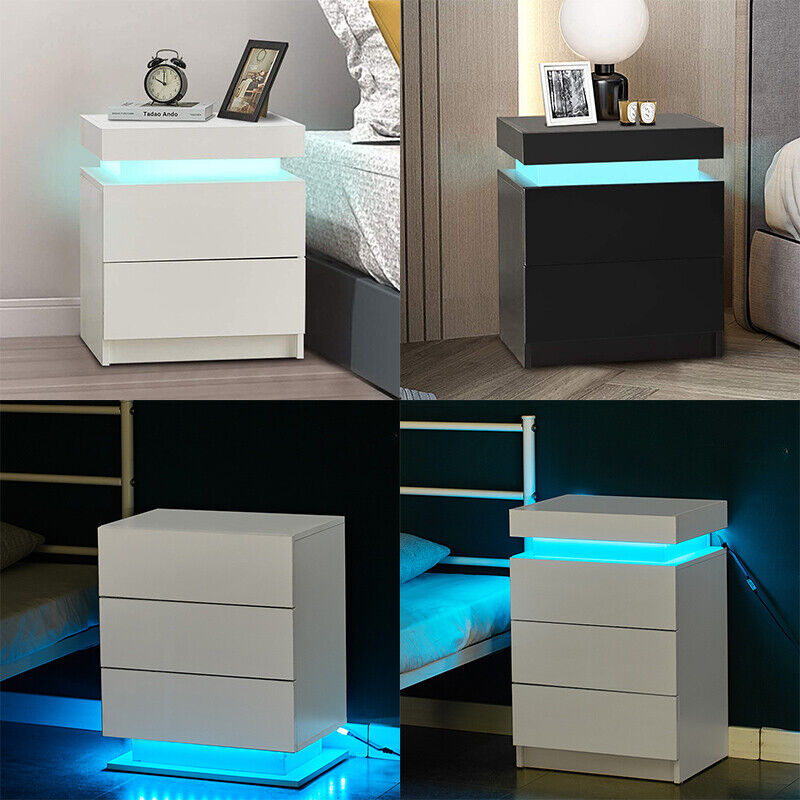 2/3 Drawers High Gloss Front Bedside Table Cabinet LED Nightstand Black/White