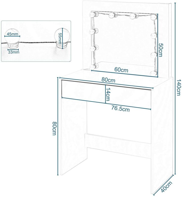 Dressing Table Vanity Makeup Desk w/ LED Lights Mirror Drawer Bedroom Furniture