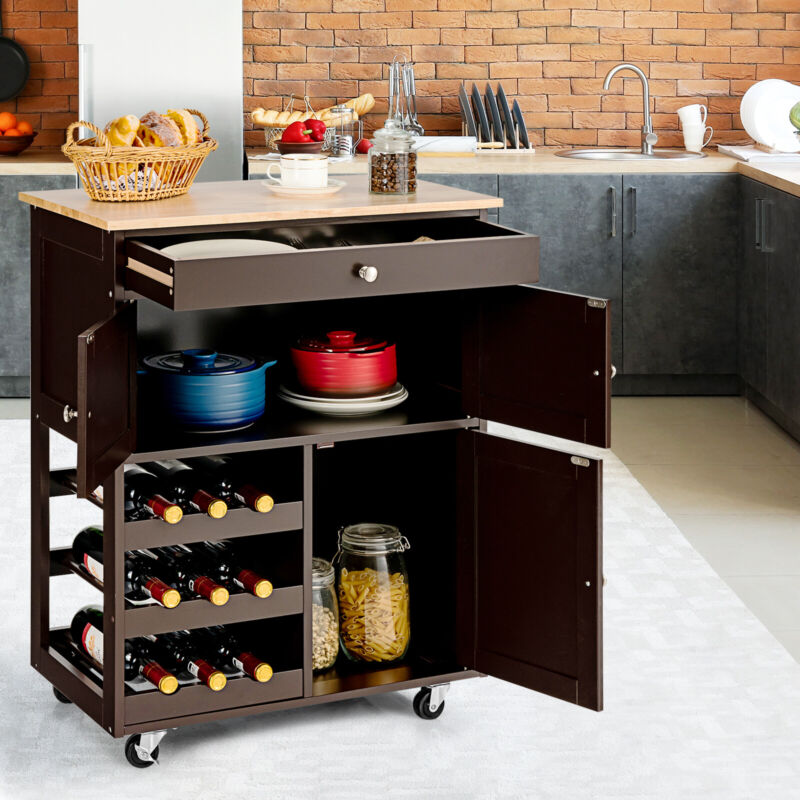 Rolling Kitchen Storage Trolley Cart Cupboard Island Cabinet 3 Tier Wine Rack