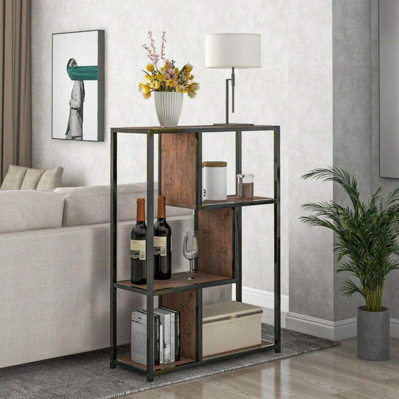 3-Tier Industrial Floor Standing Bookcase, Storage Rack in Living Room