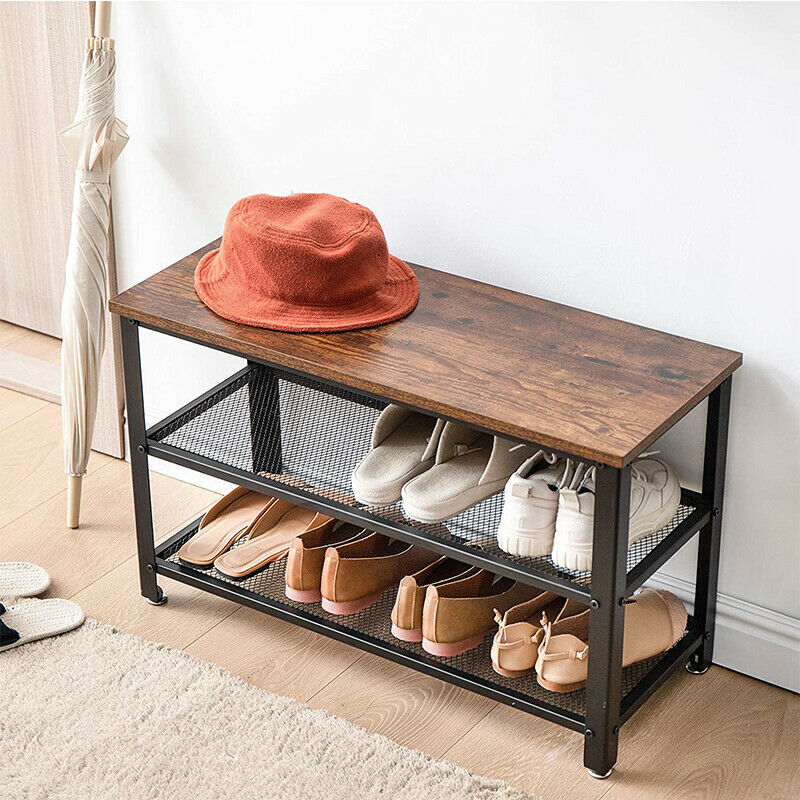 3-Tier Shelf Rack Industrial Shoe Bench With Storage Rustic Metal Shoe Storage