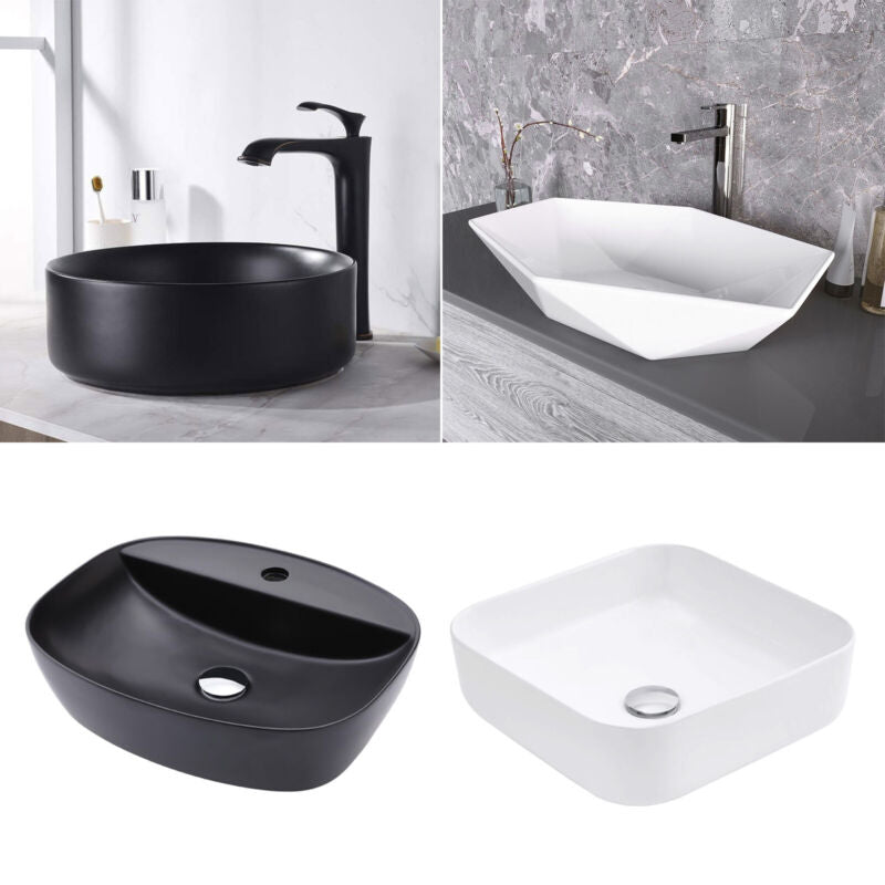 MULTI SHAPE BATHROOM CLOAKROOM COUNTERTOP CERAMIC BASIN SINK & POP UP WASTE SETS