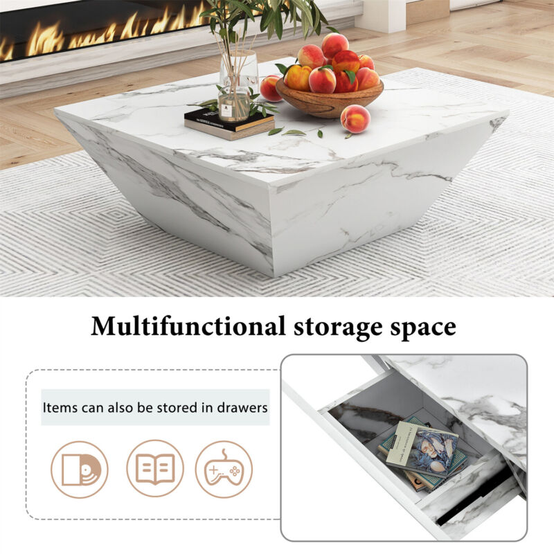 Wooden Coffee Table with Storage Drawer Marble-Look Modern Living Room ...