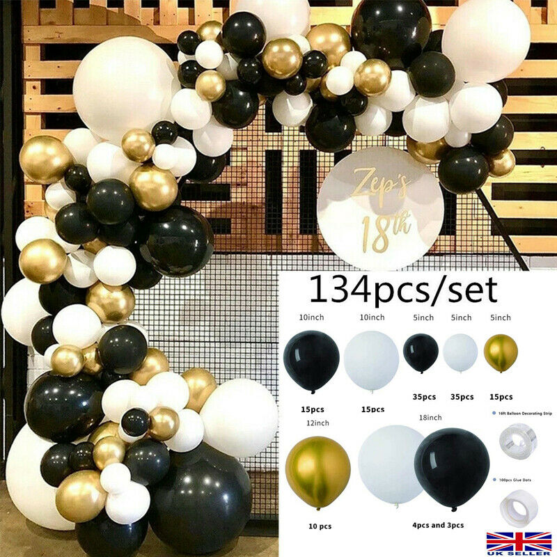 134PCS Black Gold Garland Balloon Arch Kit Birthday Wedding Baby Shower Kit UK