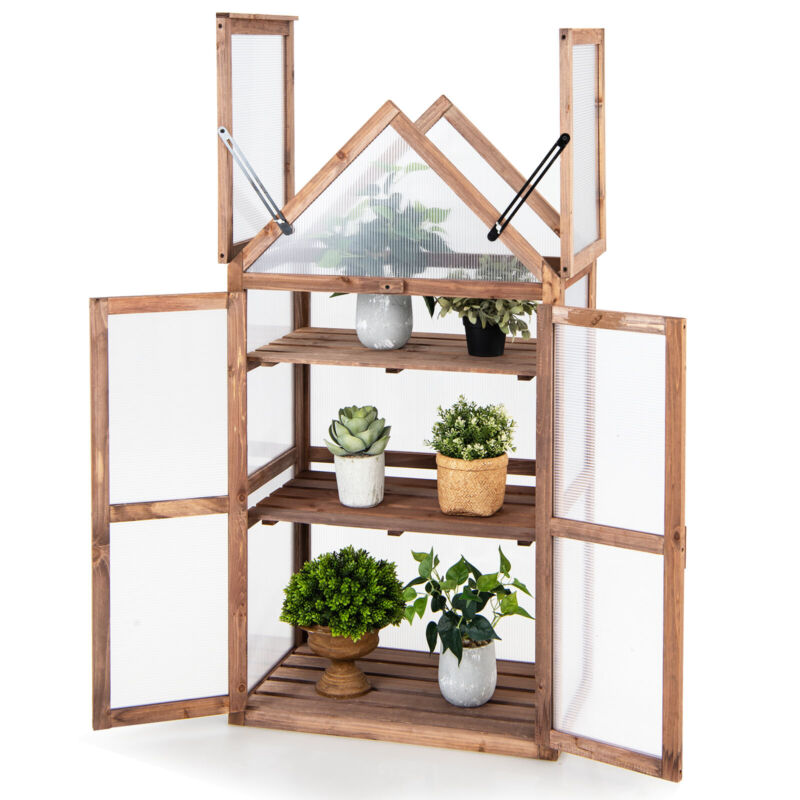 3-Tier Garden Cold Frame Portable Wooden Mini Greenhouse W/ Removable Shelves
