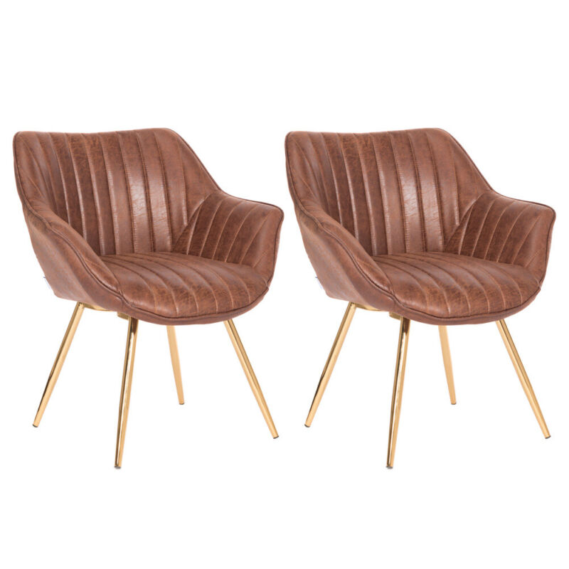 2PCS/SET Distressed Tan Leather Dining Chairs Shell Back Accent Sofa Arm Chairs