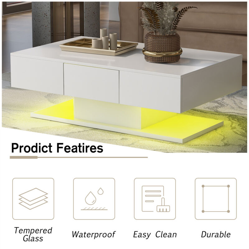 Modern Coffee Table with 2 Drawers LED High Gloss Living Room Table Furniture ML