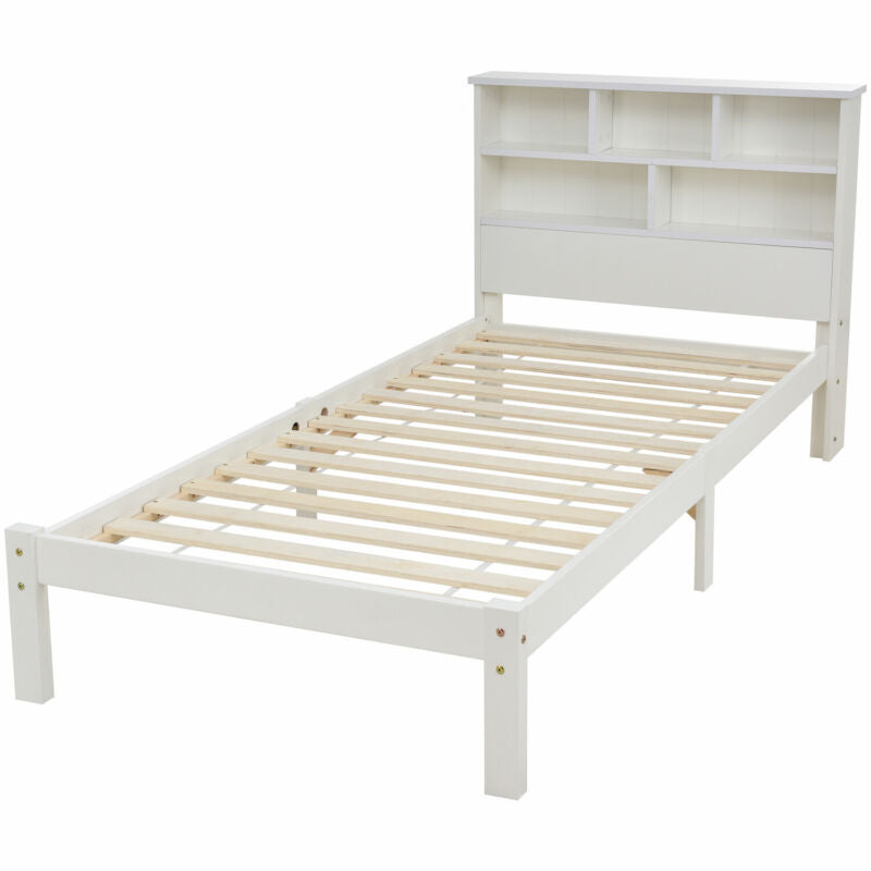 3ft Single Wooden Bed Frame Solid Pine Wood W/ Drawer & Storage Shelves White
