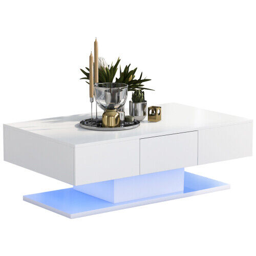 Modern Coffee Table with 2 Drawers LED High Gloss Living Room Table Furniture ML
