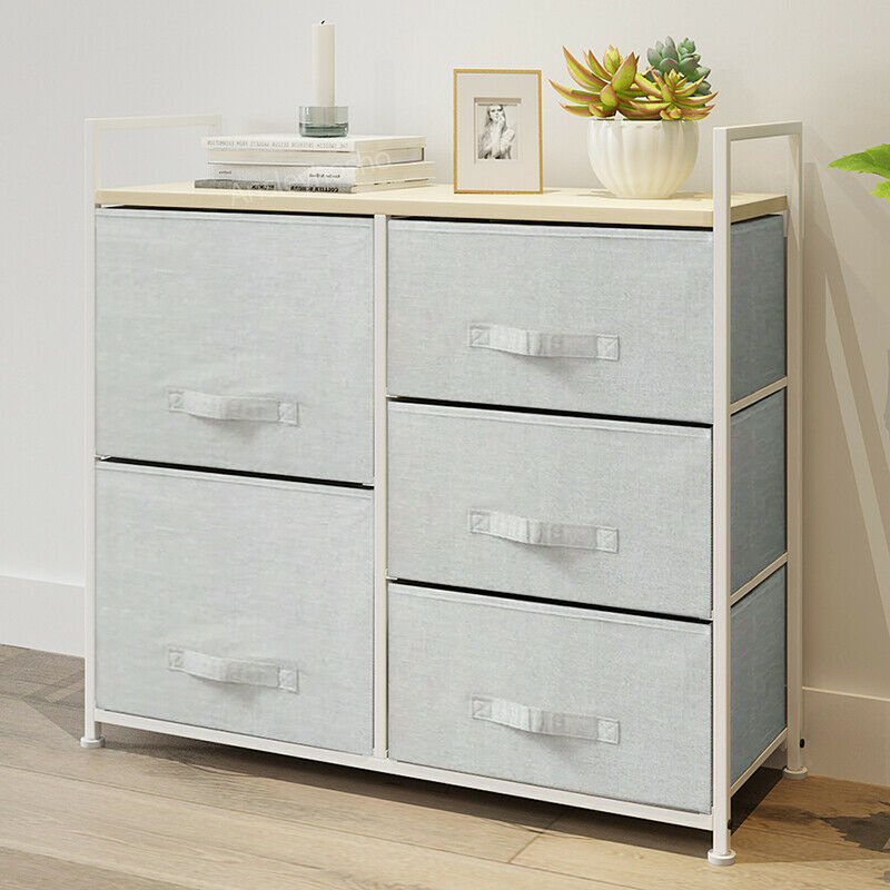 Fabric Bedside Cabinet Metal Frame Storage Unit Chest Of 5 Drawer with Drawers
