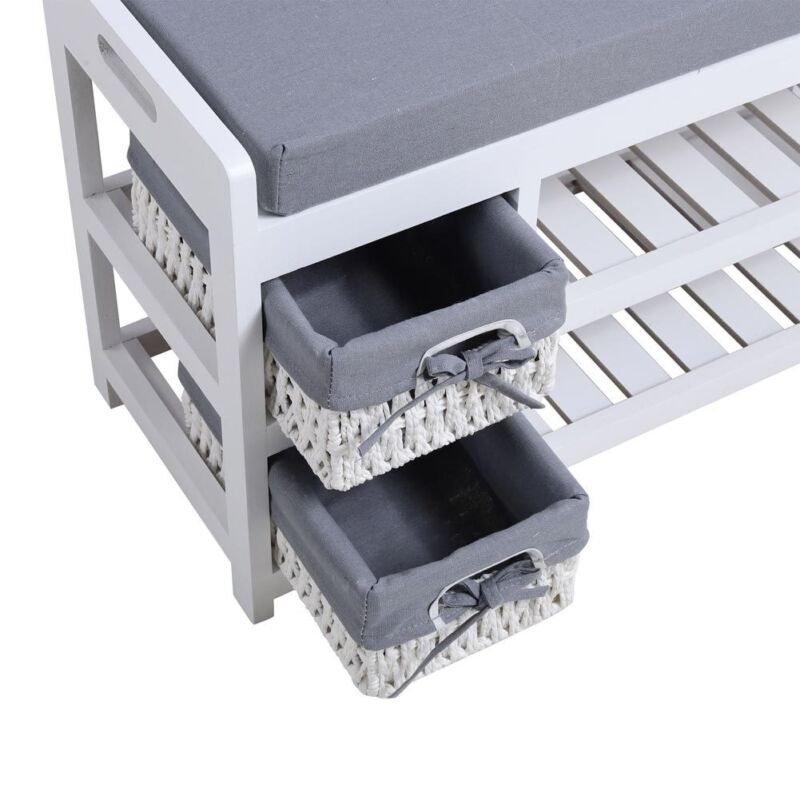 Hallway Shoe Storage Bench Entrance Ottoman Pouffe Stool with 2 Wicket Baskets