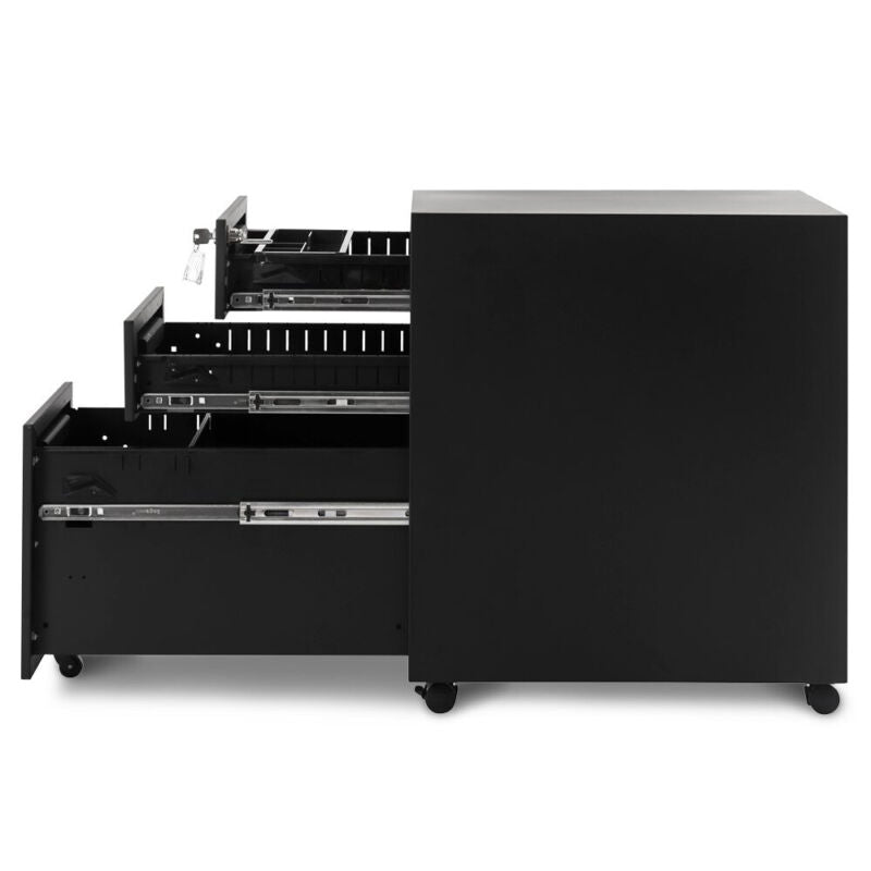 3 Drawer Modern Steel Drawers Filing Cabinet w/ 5 Wheels Lock Pencil Box Black