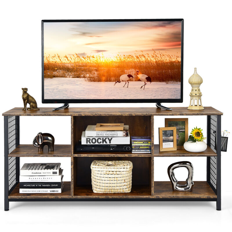 Industrial TV Stand for TVs up to 65 Inches 3-Tier TV Cabinet w/ Storage Basket