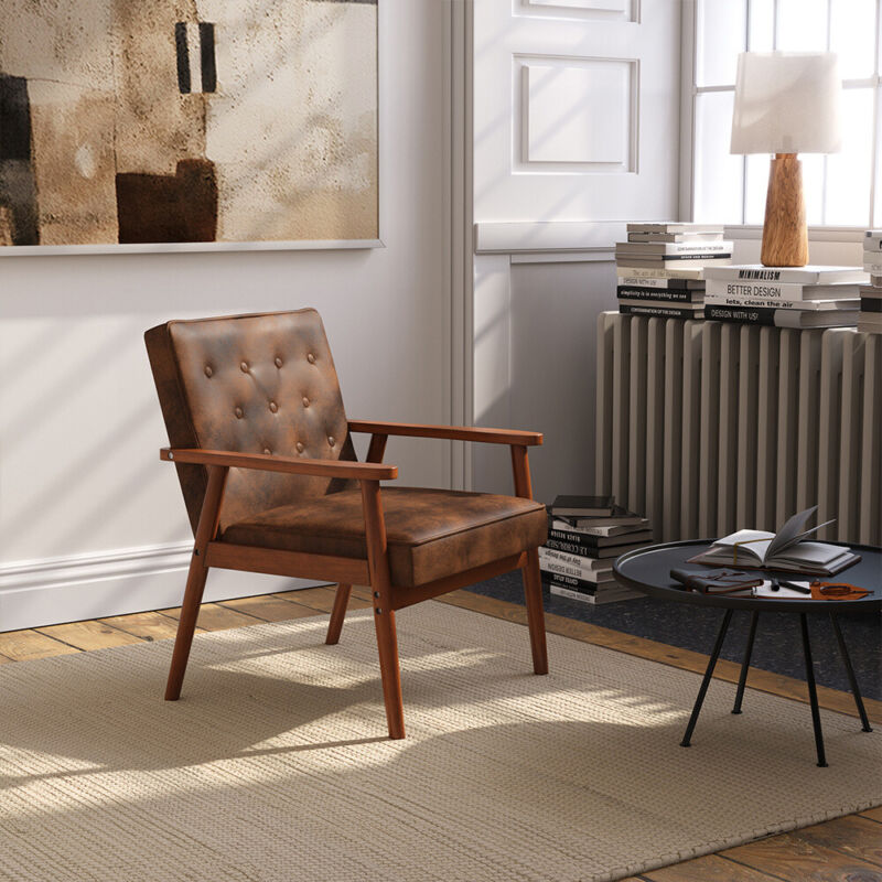 Distressed Tan Leather Armchair Wood Frame Single Sofa Padded Cuddle Chairs Home
