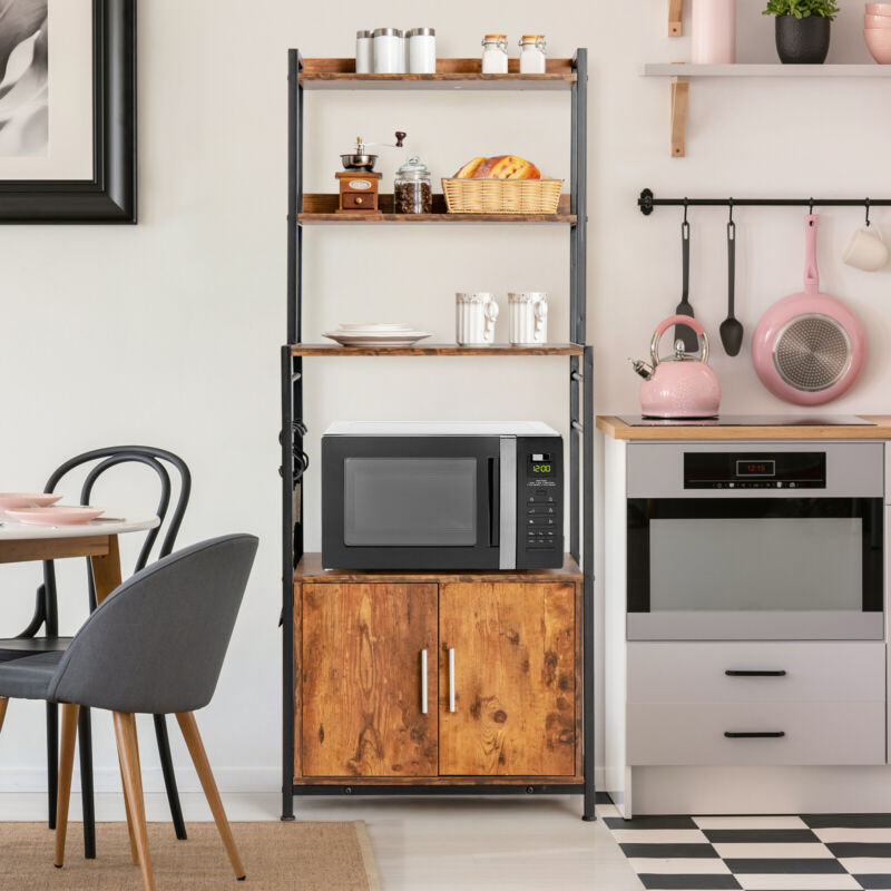 4-Tier Kitchen Baker’s Rack Industrial Storage Shelf Microwave Stand W/ 2 doors