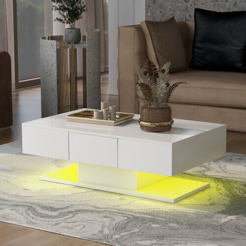 Modern Coffee Table with 2 Drawers LED High Gloss Living Room Table Furniture ML