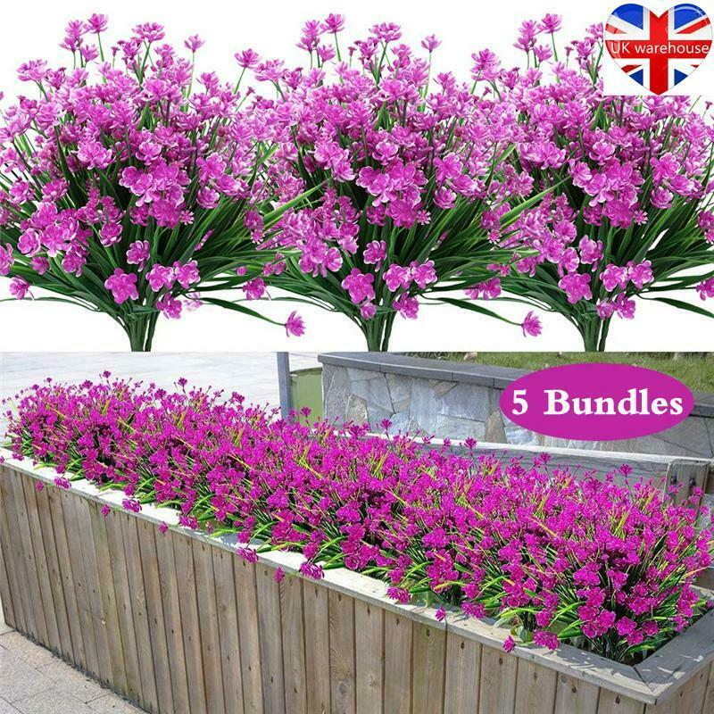 5 Bundles Artificial Flowers Plastic Fake Outdoor Plants Faux UV Resistant Decor