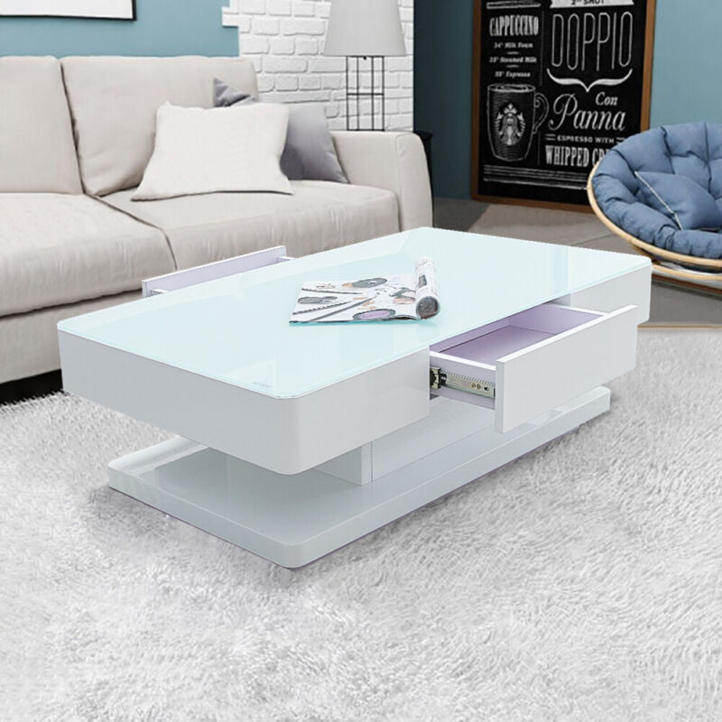 2 Drawers High Gloss 8mm Tempered Glass Coffee Table White End Table Living Room