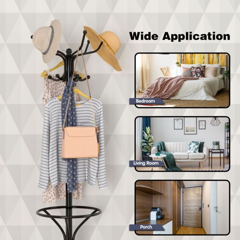 Modern Coat Stand Hanger 12 Hooks Metal Clothes Rack with Umbrella Holder