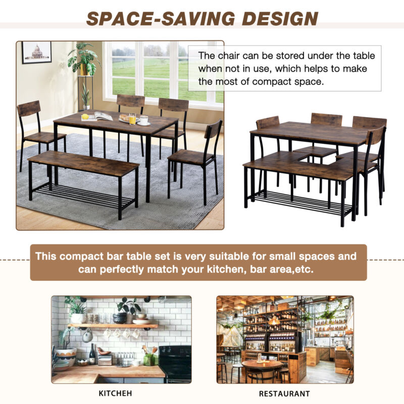 4/6PCS Industrial Dining Table & Chair Set Kitchen Furniture Table Bench MO