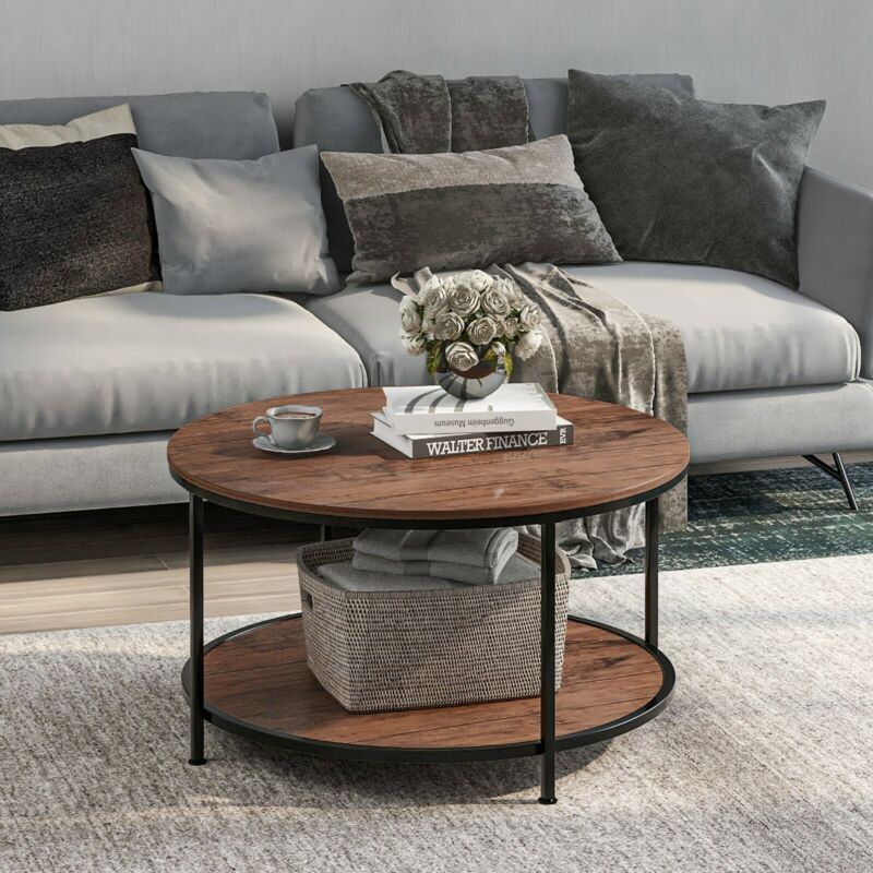 Round Coffee Table Sofa Table Cocktail Table with Storage Shelf for Living Room