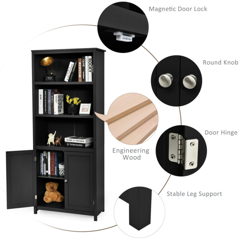 Wooden Tall Bookcase 3-Tier Shelving Storage Cabinet 2 Doors Display Organizer