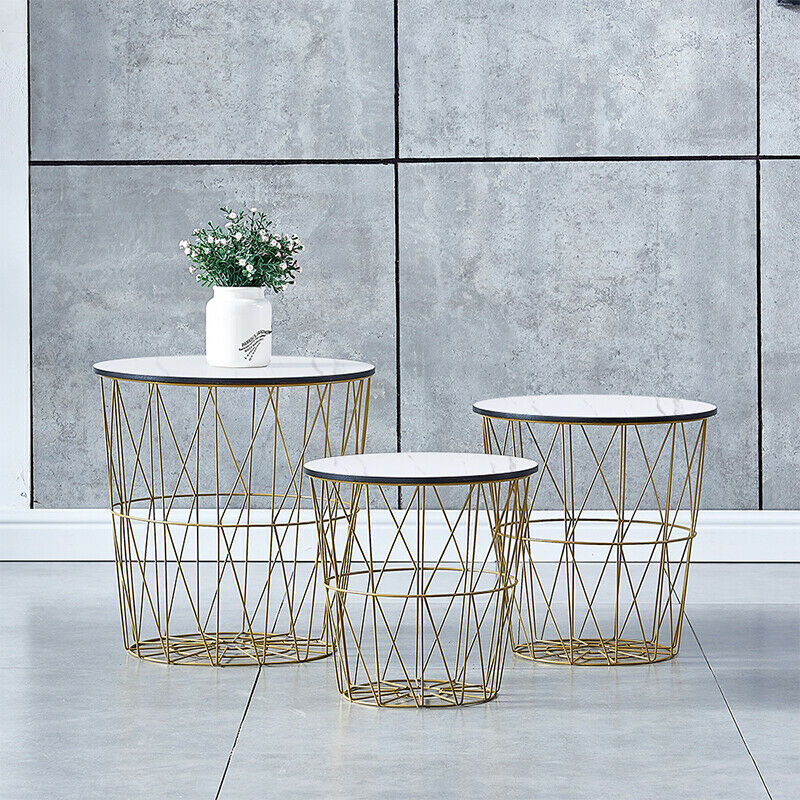 Set of 3 Storage Basket Nested Tables Side Table Metal Wire White Marble Effect