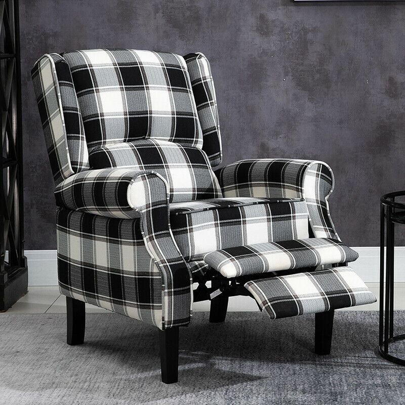 Black Check Recliner Armchair Wing Back Fireside Check Fabric Sofa Lounge Chair