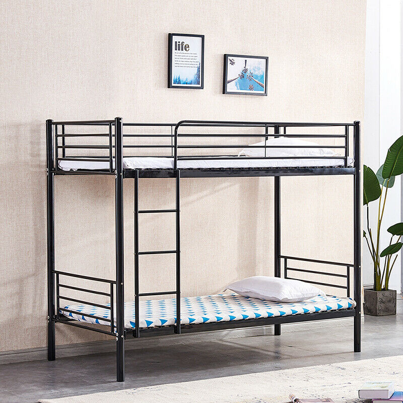 Black Bunk Bed Metal Frame with Ladder Home Dorm Bedroom Furniture for Family BN