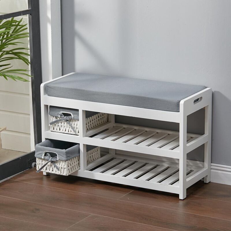 Hallway Shoe Storage Bench Entrance Ottoman Pouffe Stool with 2 Wicket Baskets