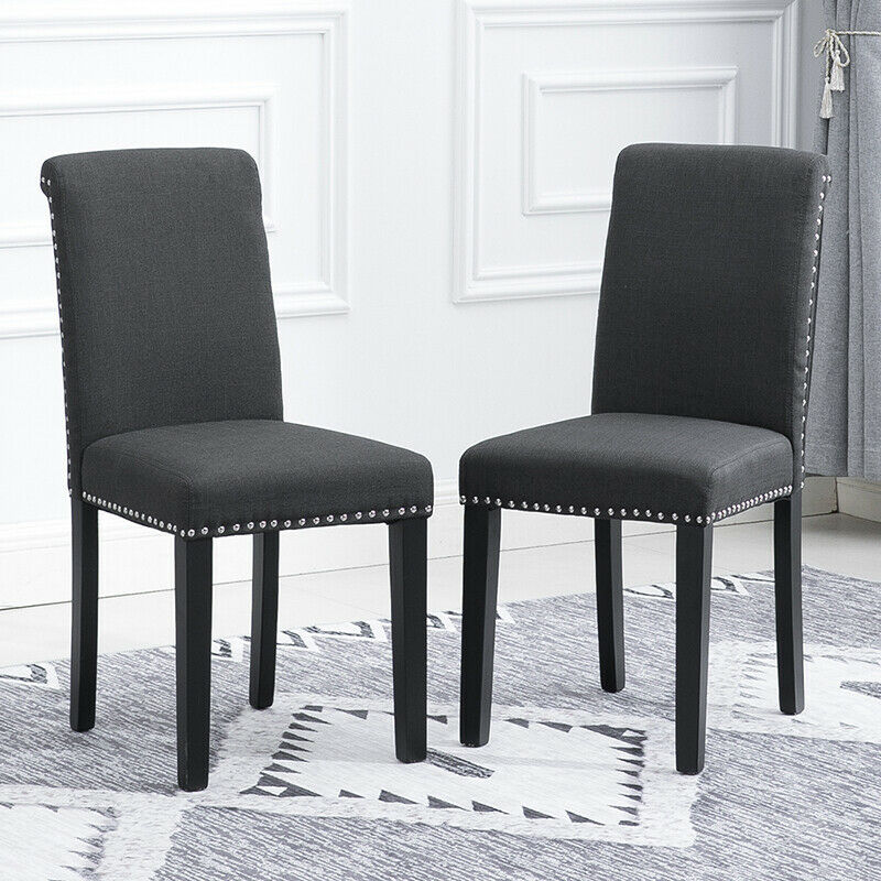 2x Dark Grey Dining Chairs Upholstered Fabric with Rivets Wood Legs Diningroom