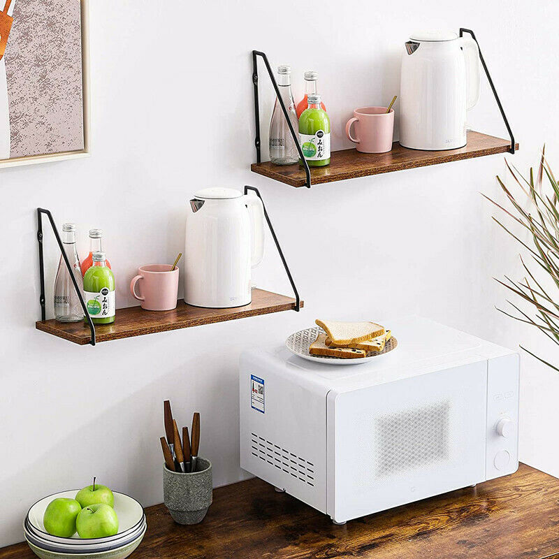 Set of 2 Wood Rustic Shelves Wall Hanging Metal Shelves Mounted Floating Shelves