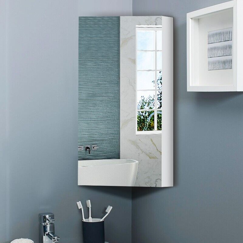 1 Door Mirror Bathroom Cabinet Corner Wall Mounted Storage Cupboard Shelf White