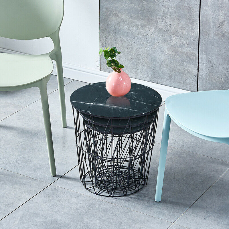 Set of 3 Nested Table Side Table Storage Basket Metal Wire Black Marble Effect