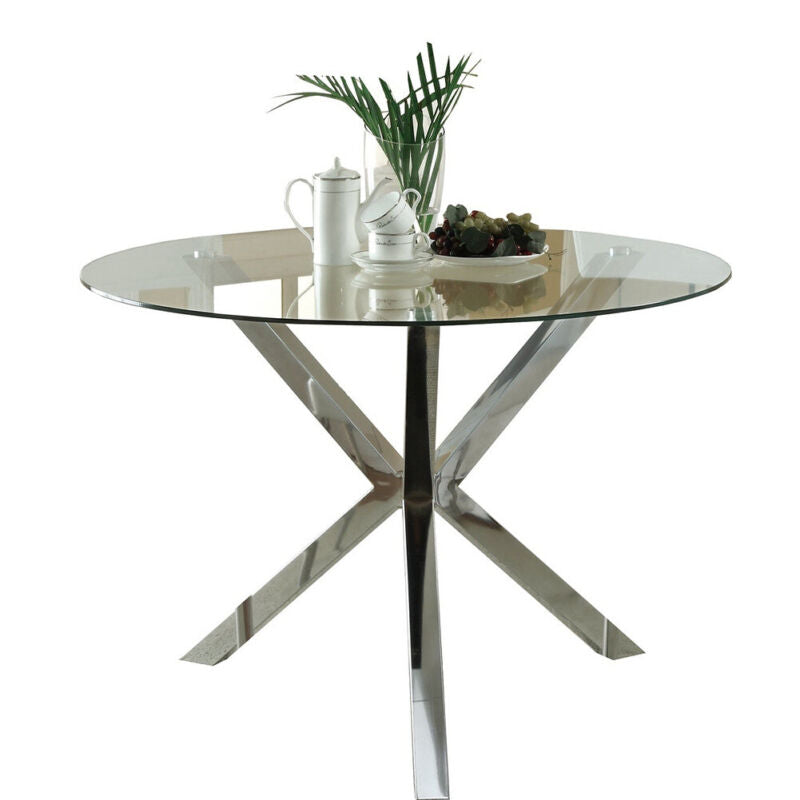 Modern Round Glass Dining Table And 4 White PU Leather Chairs Sets Chrome Legs