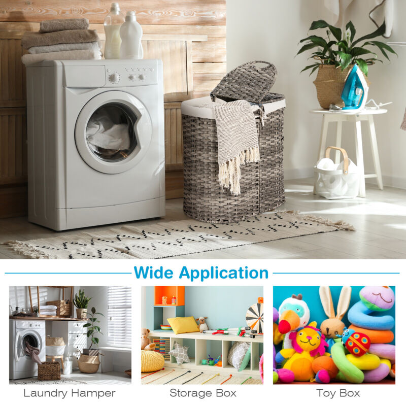 102L Handwoven Laundry Basket Divided Washing Clothes Hamper W/ Removable Liner