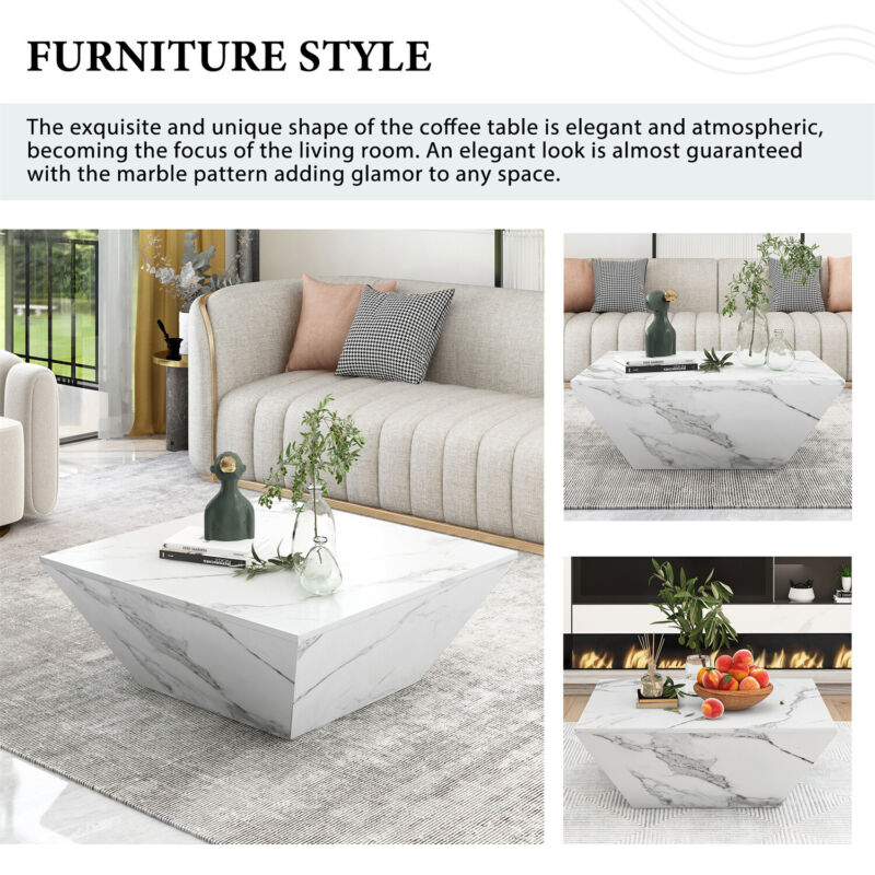 Wooden Coffee Table with Storage Drawer Marble-Look Modern Living Room Furniture