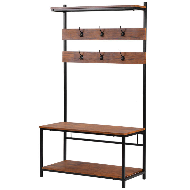 Industrial Coat Rack Stand Bench Clothes Hanging Shoes Storage Free Standing