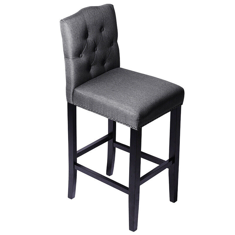 2x Grey Linen Breakfast Bar Stool Kitchen Padded Seat Barstool Button High Back