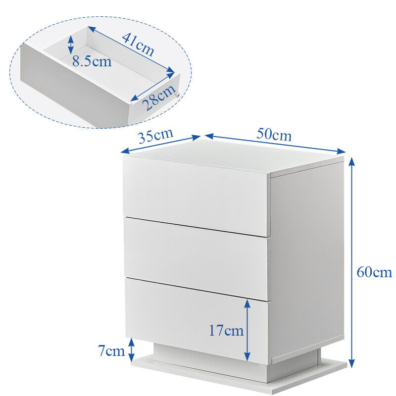 2/3 Drawers High Gloss Front Bedside Table Cabinet LED Nightstand Black/White