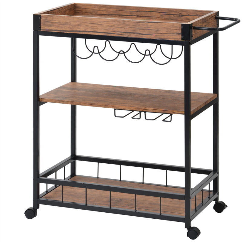 3Tier Metal Wood Rolling Kitchen Serving Trolley Cart Veg Storage Rack w/ Wheels