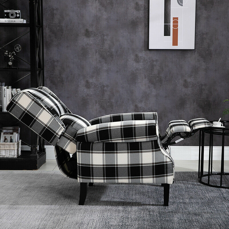 Black Check Recliner Armchair Wing Back Fireside Check Fabric Sofa Lounge Chair