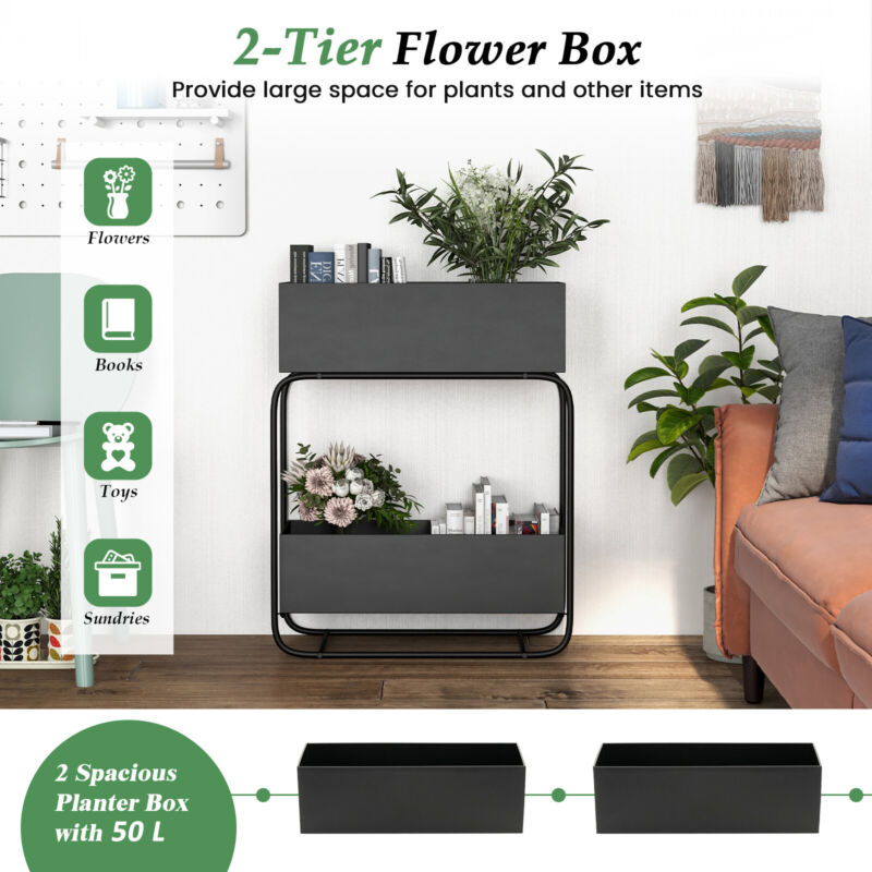 2-Tier Metal Elevated Garden Bed Heavy Duty Planter Box Raised Flowers Box Stand