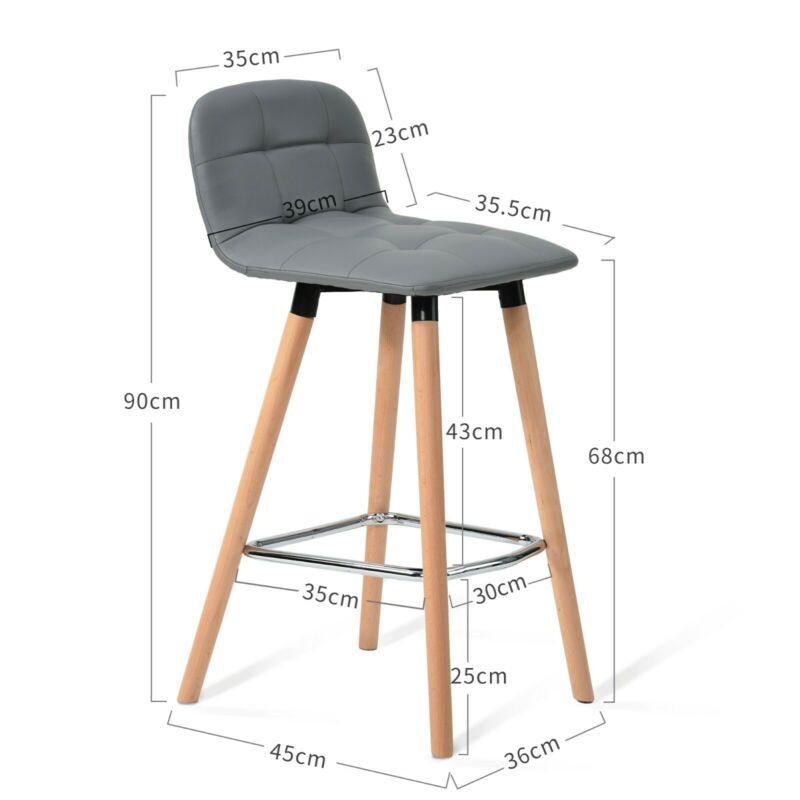 2 Pcs PU Leather Bar Stools Breakfast Stool Kitchen Pub Chairs Seat Grey