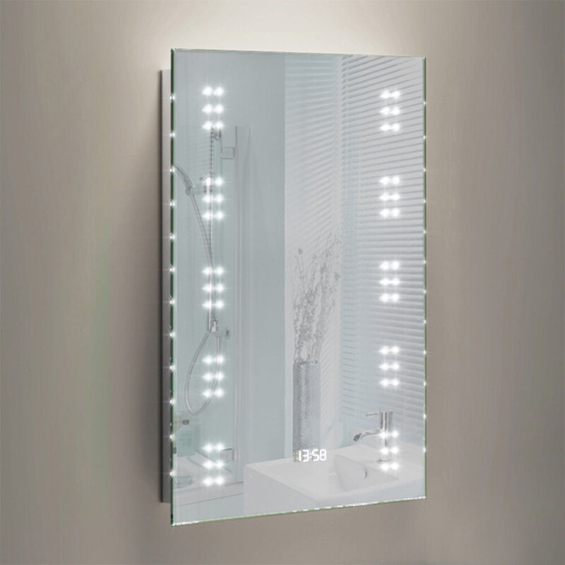 LED Backlight Bathroom Mirror Steam Free Demister& Shaver Socket Clock 500x700mm