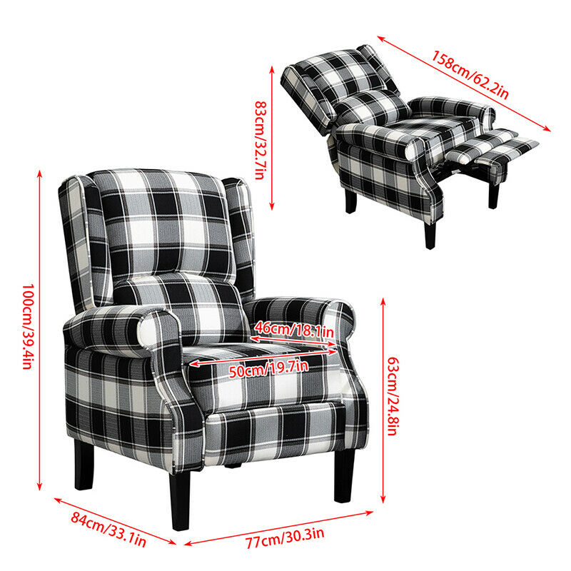 Black Check Recliner Armchair Wing Back Fireside Check Fabric Sofa Lounge Chair