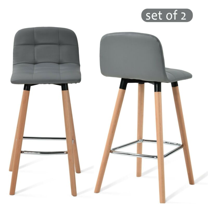 2 Pcs PU Leather Bar Stools Breakfast Stool Kitchen Pub Chairs Seat Grey